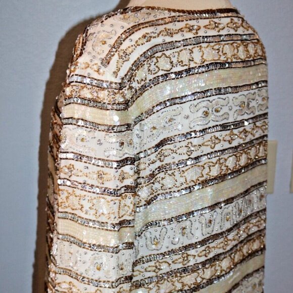 80s Evening Jacket Beads Sequins 100% Silk Ivory Gold Women's - Picture 6 of 16